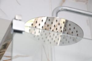 a shower head with a metal handle in a bathroom at Willy Apartments in Velipojë +56 photos