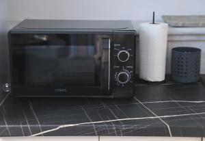 a black microwave on a counter with a roll of paper towels at Apartment Simply 101 in Gázion +16 photos