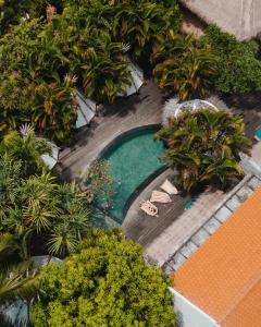an overhead view of a swimming pool with palm trees at Kima Surf Camp Bali Seminyak in Seminyak