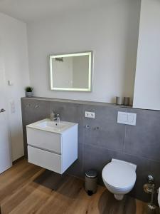 a bathroom with a white toilet and a sink at Ferienwohnungen im Neubau in Ringen +27 photos