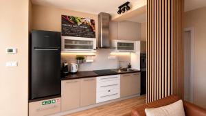 a kitchen with white cabinets and a black refrigerator at Apartment Mira in Ružomberok +21 photos