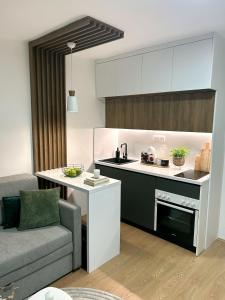 a kitchen and living room with a couch and a table at Lorena 21 Central in Bileća