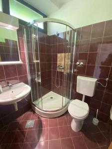 a bathroom with a shower and a toilet and a sink at Camp Rooms in Jajce +4 photos