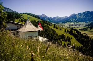 a building on top of a hill with a flag at Berghotel Zugspitzblick in Zöblen