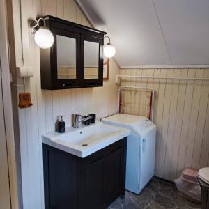 a bathroom with a sink and a washing machine at Åreholtet log cabin, Norway in Kleppo +39 photos