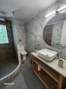 a bathroom with a sink and a shower and a toilet at Orange Grove in Plomari +32 photos