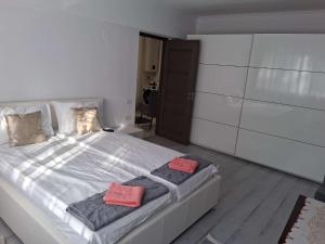 a bedroom with a bed with two towels on it at Apartament Antonia&Alex in Brad