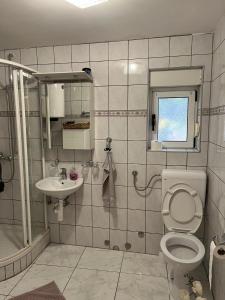 a bathroom with a toilet and a sink at Ferienhaus Vedran in Vir +9 photos