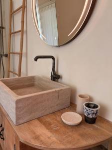 a bathroom sink on a wooden table with a mirror at Clos Lujatis in Valençay +10 photos