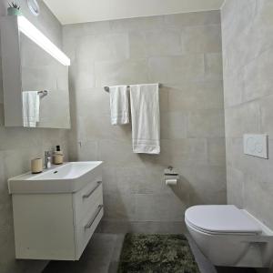 a white bathroom with a toilet and a sink at Studio Premium - Jardin privatif - Parking in Epalinges +3 photos