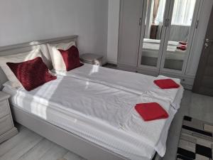 a bedroom with a white bed with red pillows at Apartament Antonia&Alex in Brad