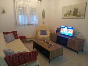 a living room with a couch and a tv at Alexia's House in Leptokarya