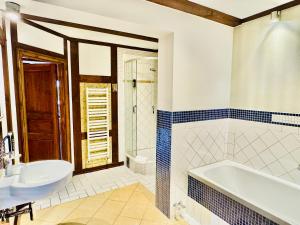 a bathroom with a tub and a sink and a shower at DEIN STEG - am Landhaus Schönhof in Feldberg +43 photos
