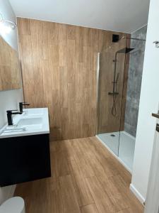 a bathroom with a sink and a shower at The North Antwerp Apartment in Antwerp