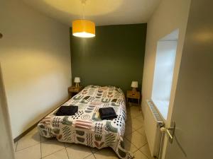 a bedroom with a bed and a green wall at Chez KUD in Bourbon-Lancy