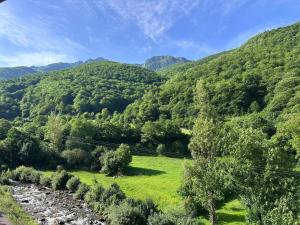 a green valley with a river and mountains at El Rincon de Carmen in Felechosa