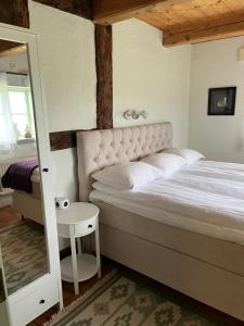 a bedroom with a large bed and a mirror at Mariehem Logi in Sjöbo