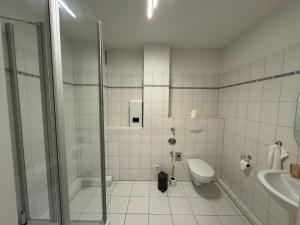 a bathroom with a shower and a toilet and a sink at Between in Lübeck +39 photos