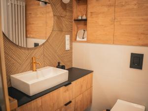 a bathroom with a white sink on a counter at Miło Tu - Stodoła pod Karpaczem in Miłków
