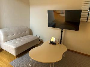 a living room with a couch and a table with a tv at The Greenery Omok in Seoul