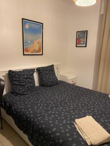 a bedroom with a bed with a blue comforter at Dax Fontaine Chaude Center in Dax