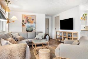 a living room with a couch and a tv at 1369-Thisted-Nordsovej-94 in Nørre Vorupør