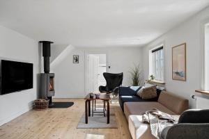 a living room with a couch and a fireplace at 1073-Thisted-Orhagevej-30 in Klitmøller