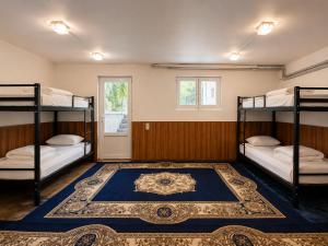 a room with three bunk beds and a rug at Sunshine Boutique Hostel in Yerevan