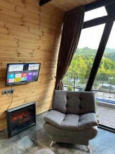 a living room with a couch and a fireplace at Barbare Cottage in Chakvi