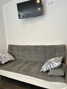 a gray couch with two pillows and a tv on the wall at Pension Boardinghaus Dingolfing in Dingolfing