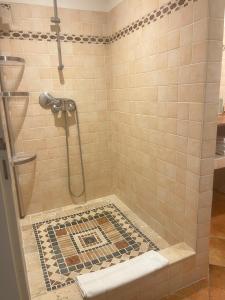 a bathroom with a shower with a mosaic tile floor at Casa Sultana in Propriano +35 photos