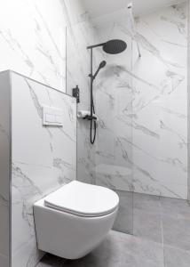a white bathroom with a toilet and a shower at Evergreen Suites Budapest in Budapest +5 photos