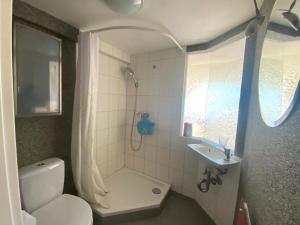a bathroom with a shower and a toilet and a sink at Klosterherberge Economy in Meßkirch