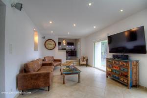 a living room with a couch and a flat screen tv at Casa di l'apa in Venaco