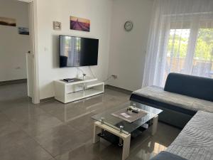 a living room with a couch and a tv at Apartment CReO Loborika in Marčana