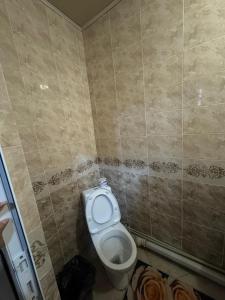 a bathroom with a toilet and a tiled wall at SaYAHAT TIMES in Türkistan