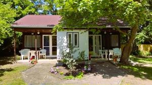 a small cottage with a table and chairs at Gesztenyés Üdülő in Balatonudvari