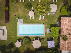 an overhead view of a swimming pool and lawn with umbrellas at Villa Siesta, Park & Pool Living in Losone