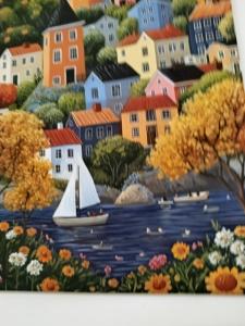 a painting of a city with a boat in the water at Cornerstone Budget in Ashford