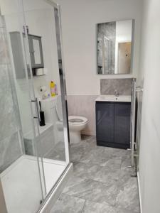 a bathroom with a shower and a toilet and a sink at Cornerstone Budget in Ashford +109 photos