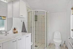 a white bathroom with a toilet and a shower at OH496-Hadsund-Kaeragervej-12 in Hadsund