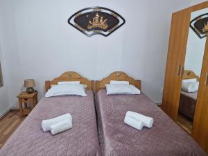 two twin beds in a room with two beds sidx sidx sidx sidx at Pensiunea Cabana Viselor ,Apuseni in Vadu Moţilor