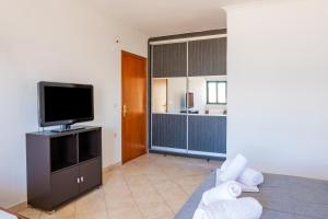 a living room with a flat screen tv and a couch at Fronis Studios in Karpathos +21 photos