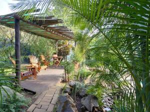 a garden with a wooden pergola and a table and benches at Raptor's Rest Bed and Breakfast in Empangeni