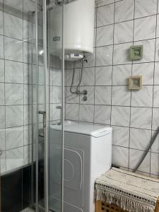 a bathroom with a toilet and a glass shower at Sokolov Apartment in Smederevo +45 photos