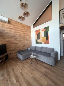 a living room with a couch and a tv at Buna riverfront in Ulcinj +14 photos