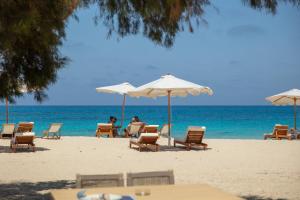 a group of chairs and umbrellas on a beach at The Red - a GiGi Residence in Mājid Abū Zayd