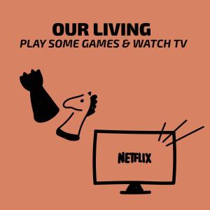 a cartoon of a dog and a tv with the words our living play some games at Vie Via - Your Hotel in Leeuwarden