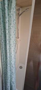 a bathroom with a shower and a shower curtain at Ferienwohnung Meusburger in Hittisau