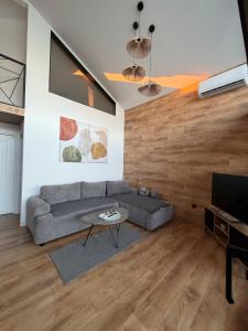 a living room with a couch and a tv at Buna riverfront in Ulcinj